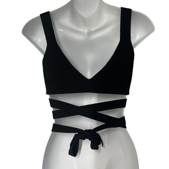 Live The Process Crop Top Women Small Theda Black Ribbed Knit Tie Detail Stretch - Picture 5 of 12